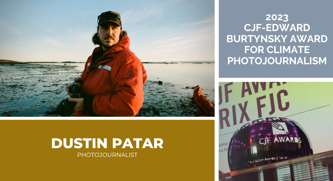 2023 CJF-Edward Burtynsky Award for Climate Photojournalism. Dustin Patar photojournalist with photo of Dustin Patar, wearing an orange jacket and holding a camera on a chilly beach