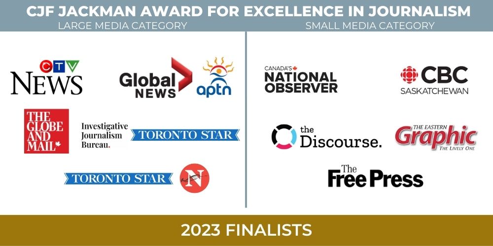 Display of logos for the finalists in the 2023 CJF Jackman Award for Excellence in Journalism